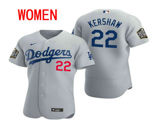 Women Los Angeles Dodgers #22 Clayton Kershaw Gray 2020 World Series Authentic Flex Nike Jersey